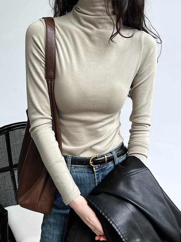 Long Sleeves Skinny Solid Color Split-Joint High Neck T-Shirts Product Image