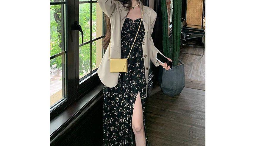 Spaghetti Strap Floral Slit Midi A-Line Sundress Product Image