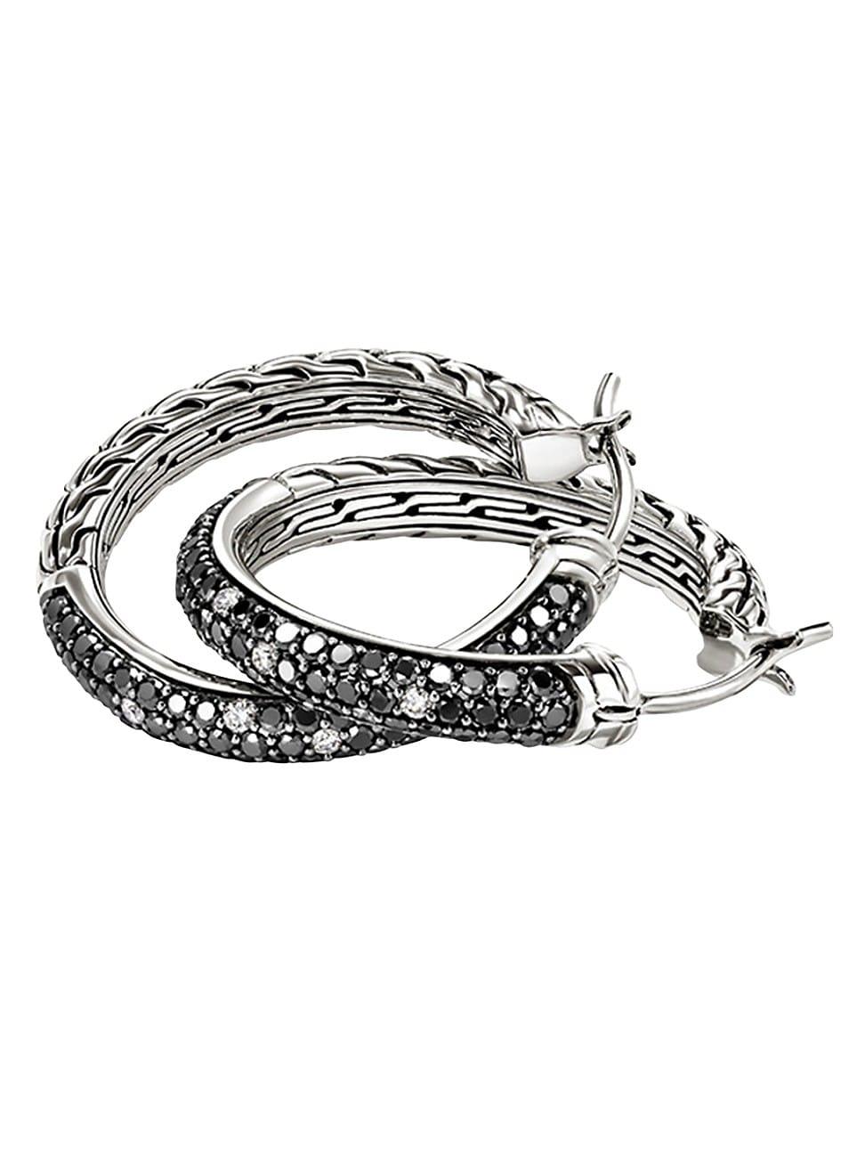 Womens JH Essentials Sterling Silver & 0.97 TCW Black & White Diamond Pav Hoop Earrings Product Image