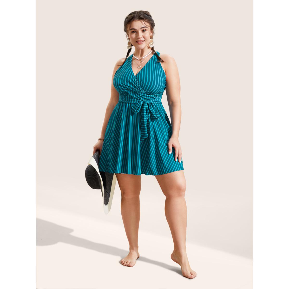 Plus Size Overlap Collar Striped Tie Knot Swim Dress Women's Swimwear Cyan Beach Bodycon Overlap Collar High stretch Curve Swim Dresses BloomChic 30/6X Product Image