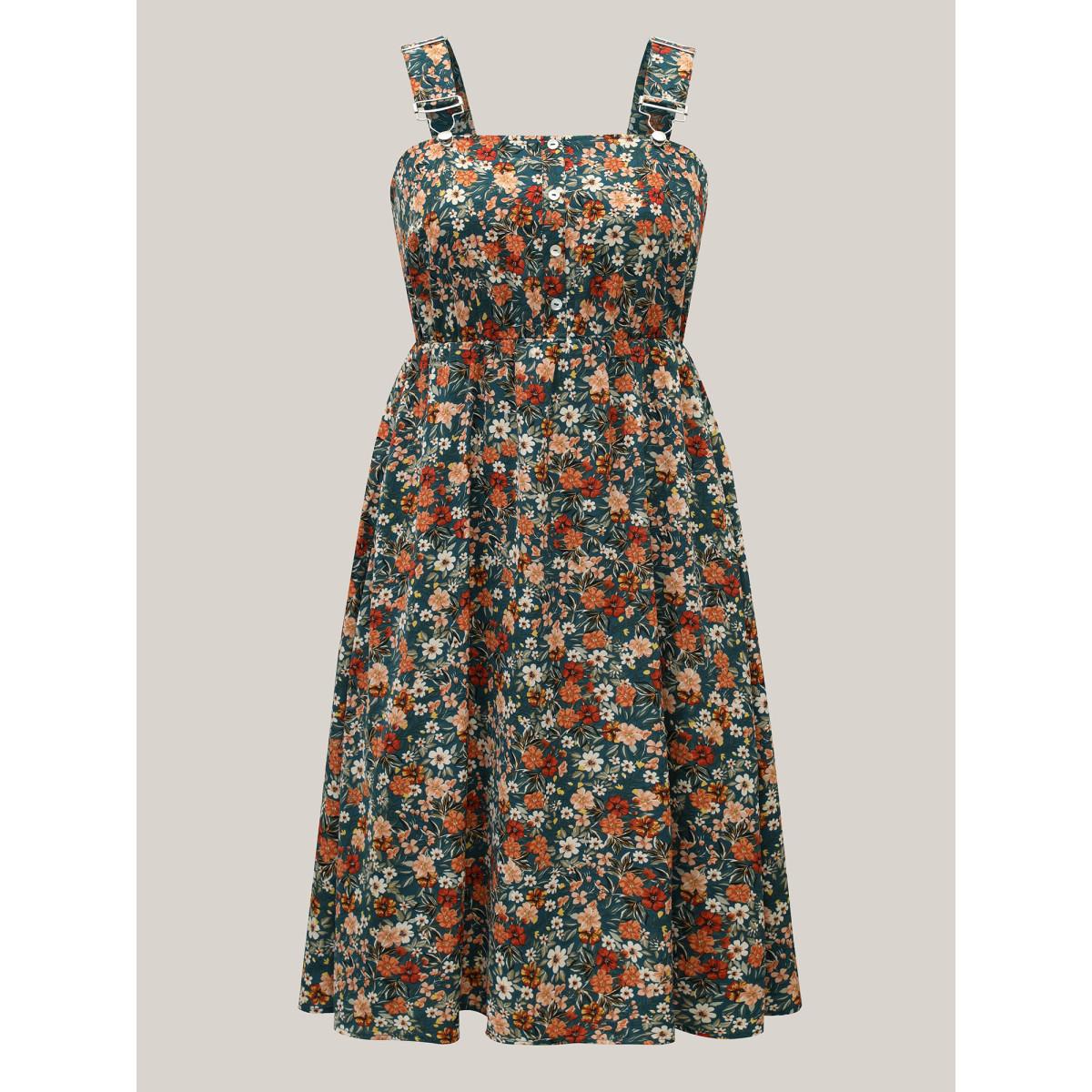 Plus Size Ditsy Floral Adjustable Straps Elastic Waist Dress Teal Women Leisure Gathered Non Sleeveless Curvy BloomChic 12/L Product Image