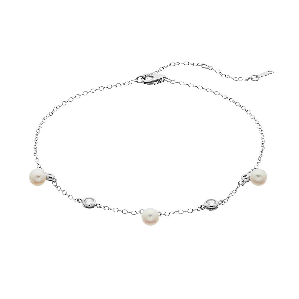 Sterling Silver Freshwater Cultured Pearl & Lab Created White Sapphire Station Anklet, Women's Product Image