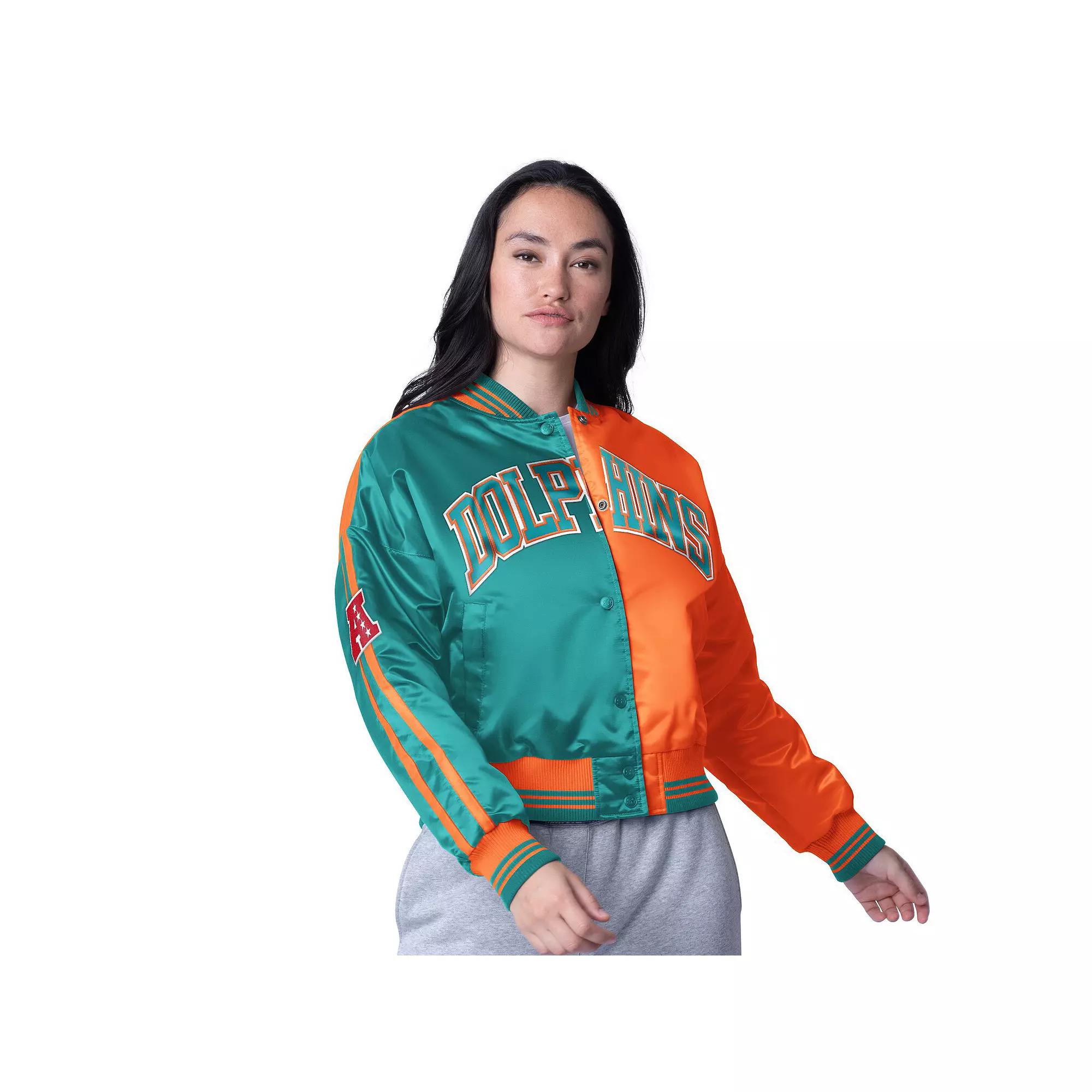 Women's Starter  Aqua/Orange Miami Dolphins Zone Blitz Cropped Full-Snap Satin Jacket, Size: XL, Turquoise A Product Image