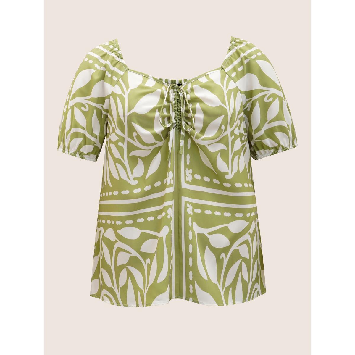 Plus Size Sage Heart Neckline Boho Print Drawstring Gathered Blouse Women Resort Short sleeve Heart neckline Vacation Blouses BloomChic 12/L Product Image
