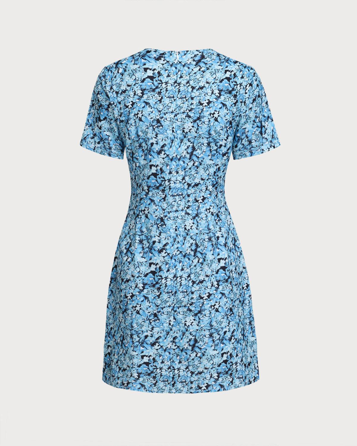 Blue Floral V-Neck Button Mini Dress Product Image