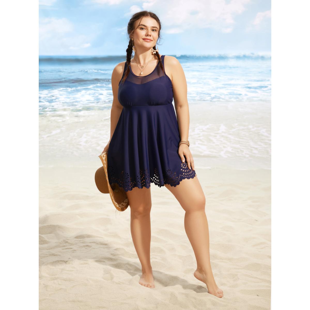 Plus Size Solid Mesh Patchwork Laser Cut Swim Dress Women's Swimwear Indigo Beach Bodycon Round Neck High stretch Curve Swim Dresses BloomChic 10/M Product Image