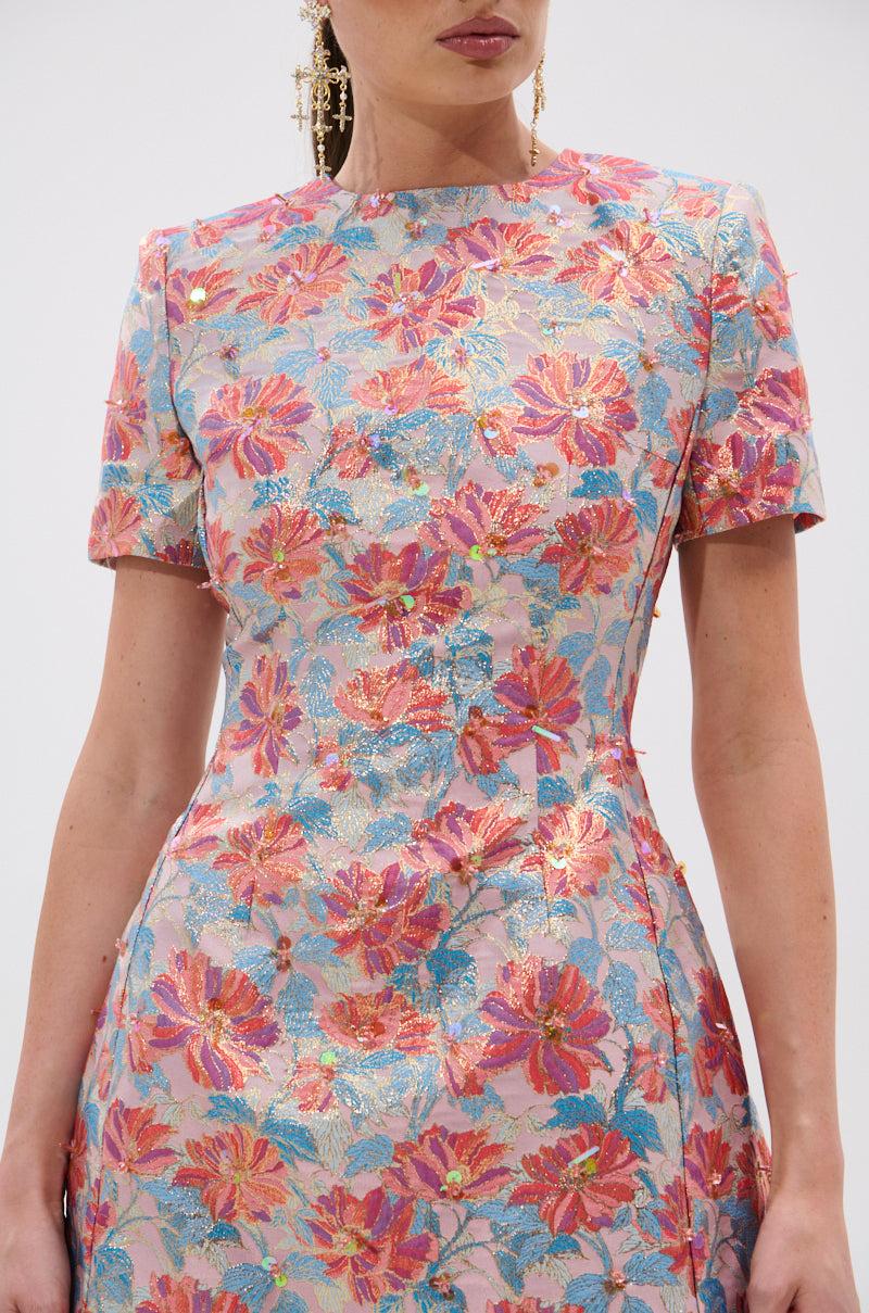 PRETTY IN PINK BROCADE BEADED MINI DRESS Product Image