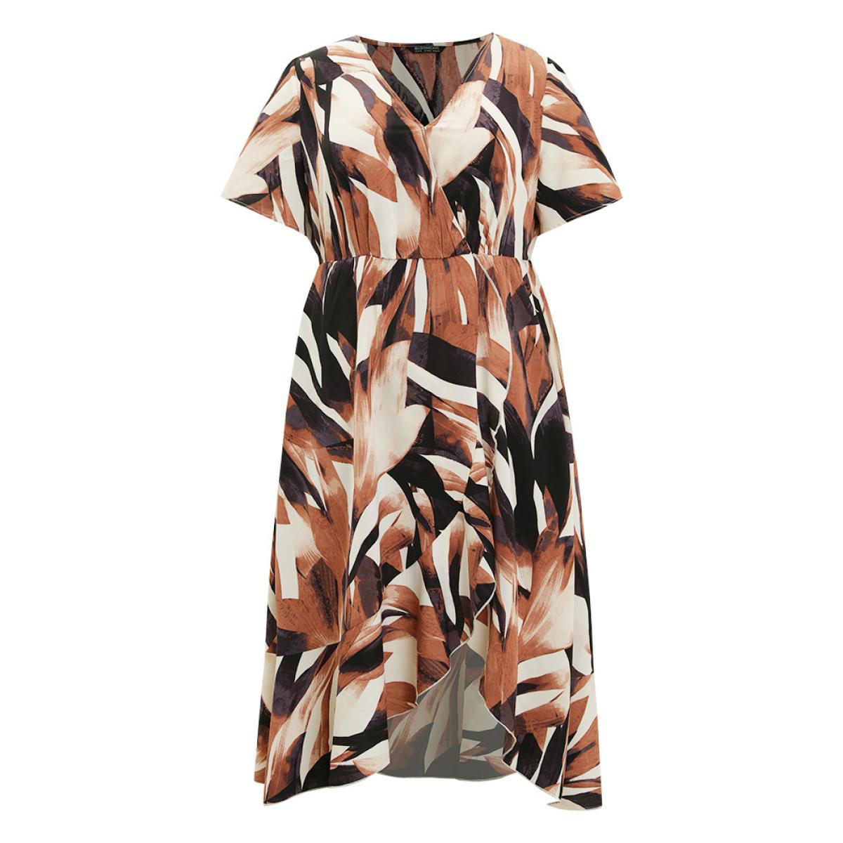 Plus Size Allover Print Pocket Wrap Ruffle Irregular Hem Dress DarkBrown Women Elegant Wrap V-neck Short sleeve Curvy Midi Dress BloomChic 18-20/2X Product Image