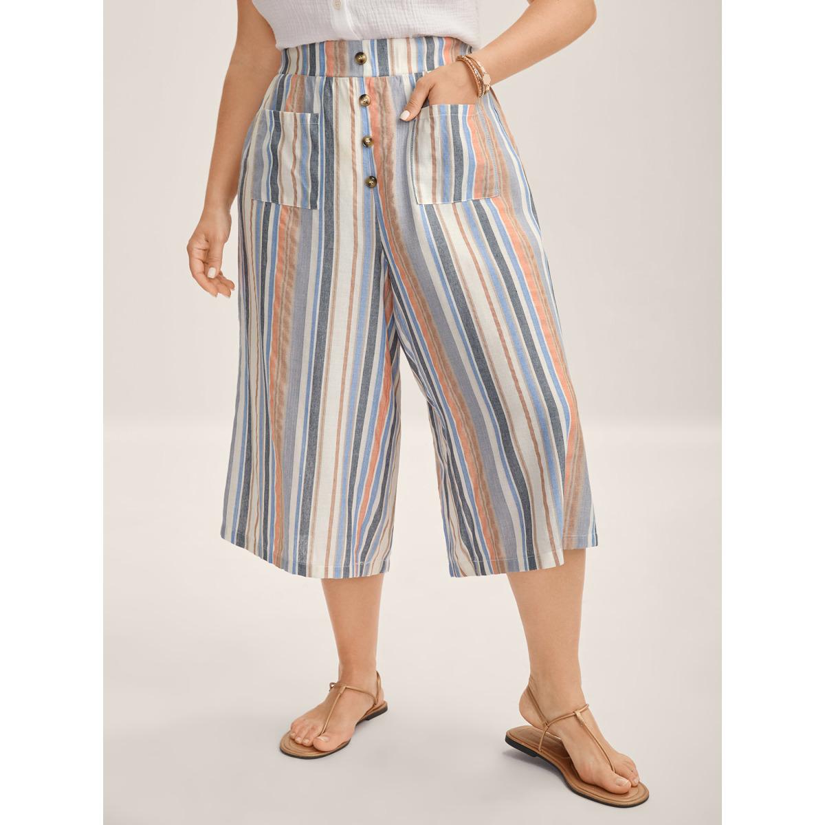 Plus Size Soft Stripes Button Wide-Leg Pants Women Multicolor Boho Wide Leg Mid Rise Vacation Pants BloomChic 22-24/3X Product Image