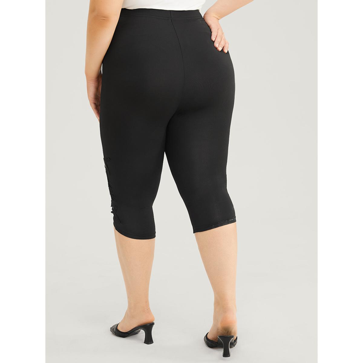 Plus Size Skinny Contrast Lace Cropped Leggings Women Black Elegant Medium stretch Skinny High Rise Dailywear Leggings BloomChic 10/M Product Image