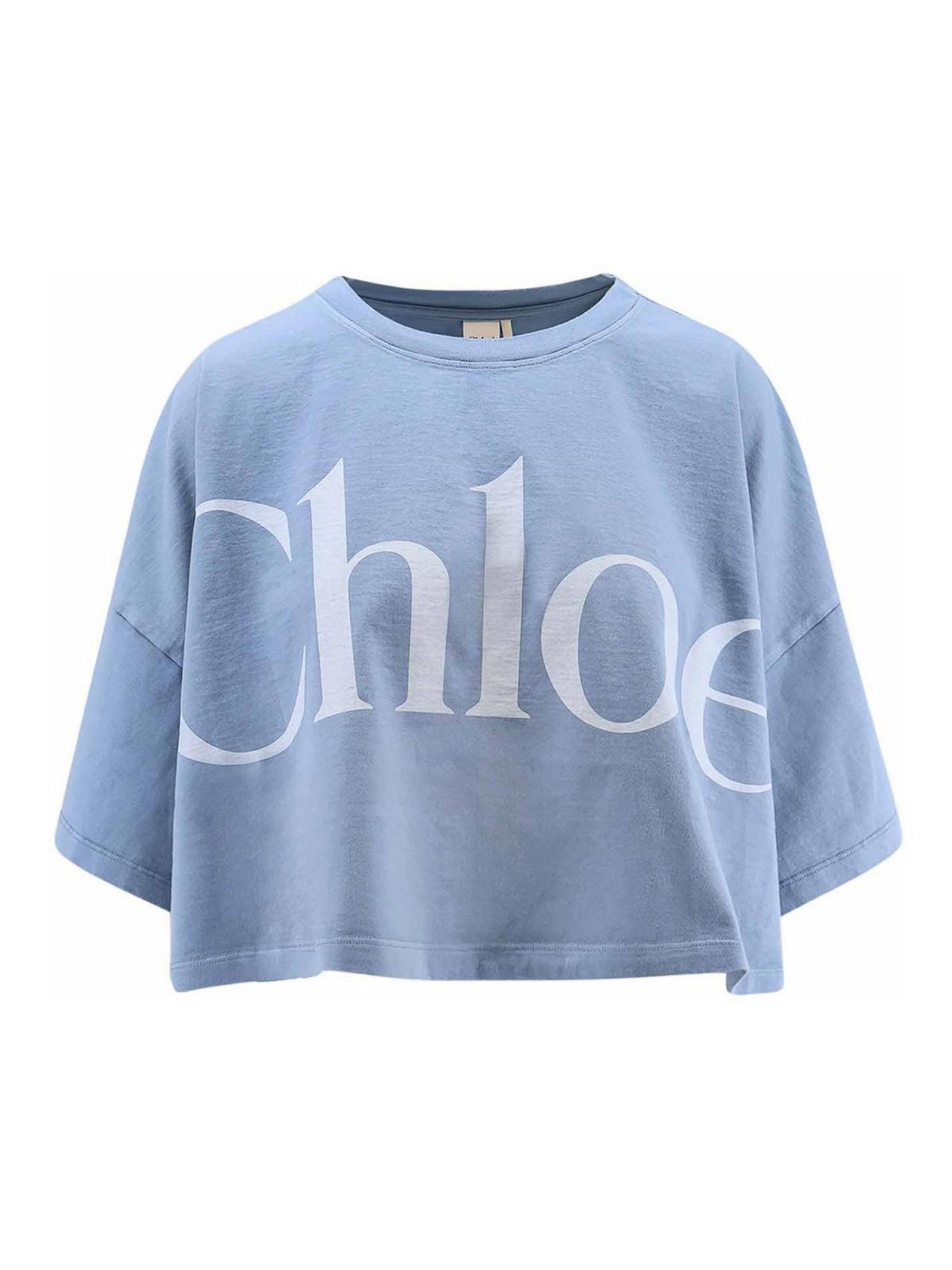 CHLOÉ Women Light Blue Jersey Cropped Logo T-shirt Product Image