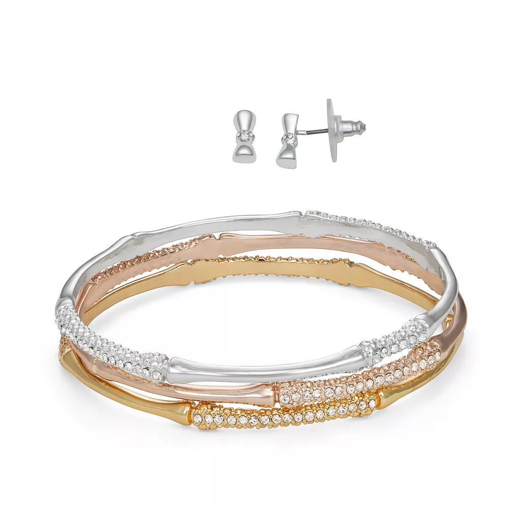 Napier Tri-Tone Bamboo Bracelet & Stud Earrings Set, Women's Product Image