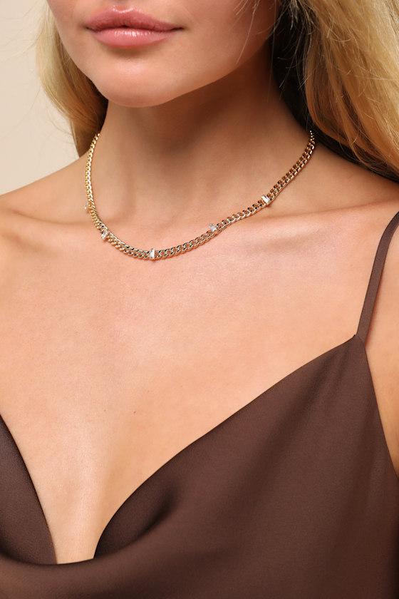 Cultivated Glamour Gold Rhinestone Curb Chain Necklace Product Image