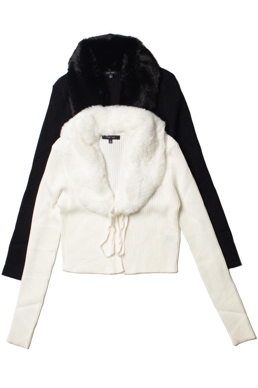 Faux Fur Collar Tie Front Cardigan Product Image