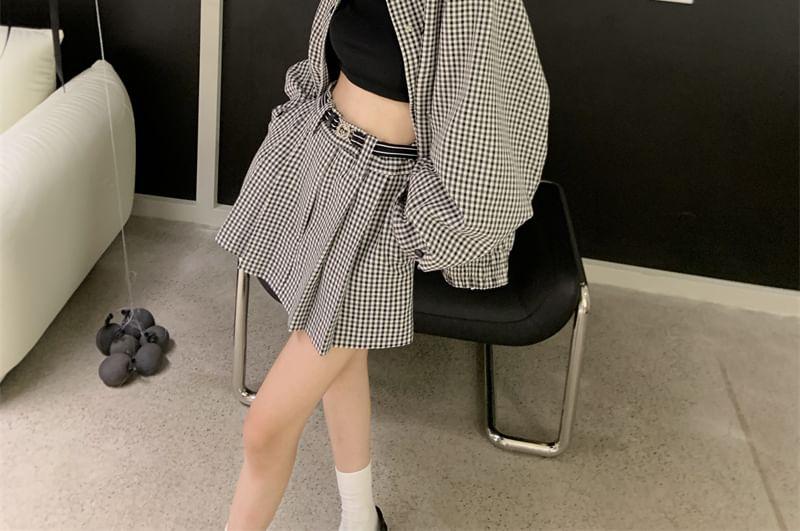 Gingham Contrast Collar Button-Up Shirt Jacket / High Waist Pleated Mini A-Line Skirt Product Image