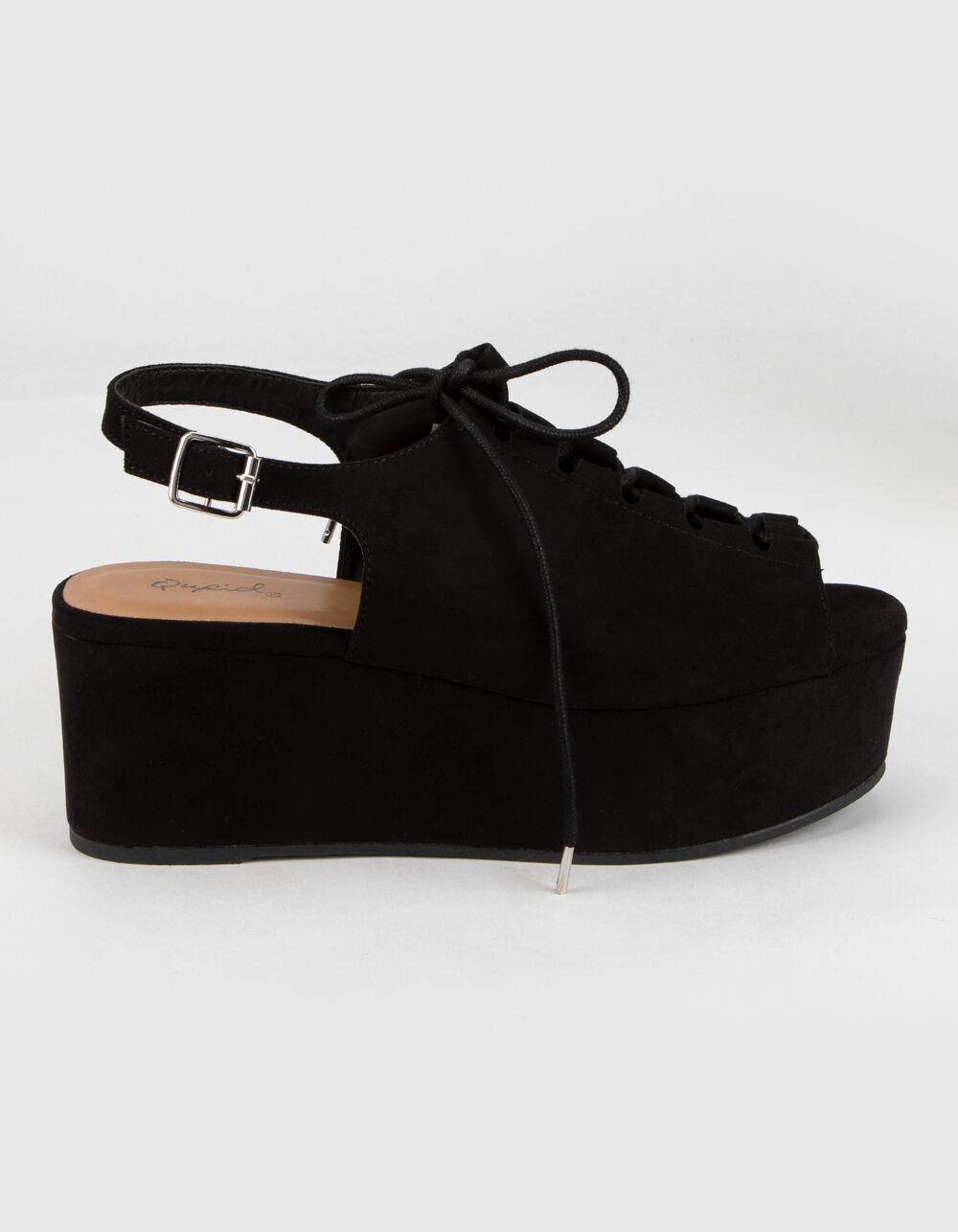 QUPID Lace Up Buckle Wedge Heels - BLACK Product Image