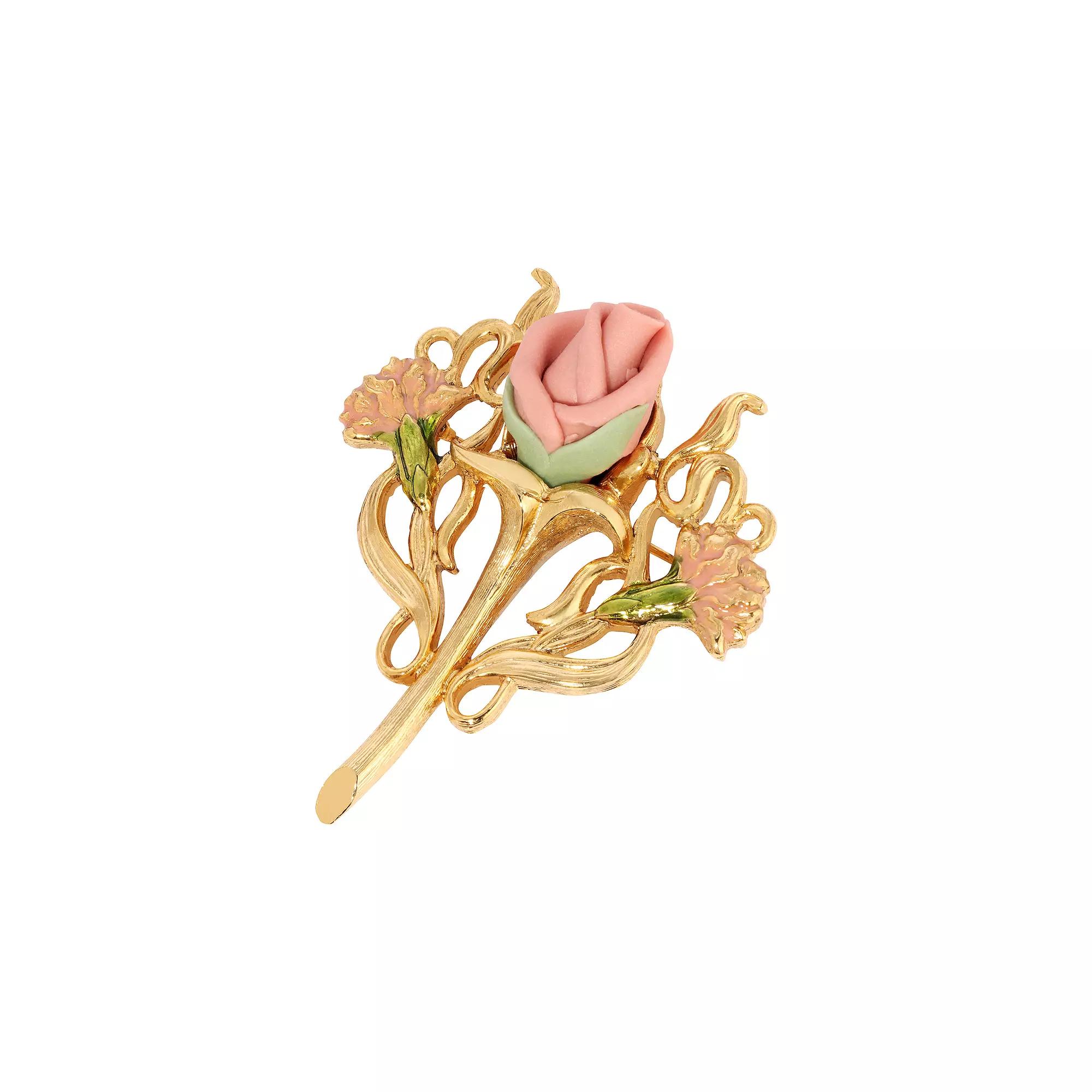 1928 Gold Tone Pink & Green Porcelain Rose Pin, Womens Product Image