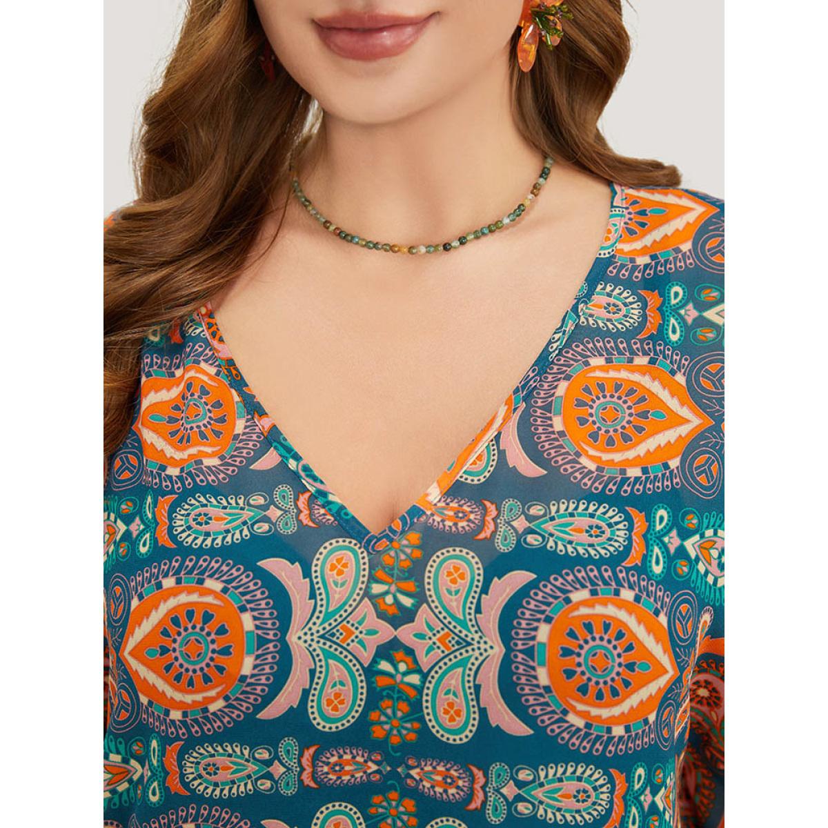 Plus Size Paisley Print Dolman Sleeve Tassels Pompom Trim Cover Up Women Multicolor Vacation See through Loose Belt Dailywear Kimonos BloomChic 10/M Product Image