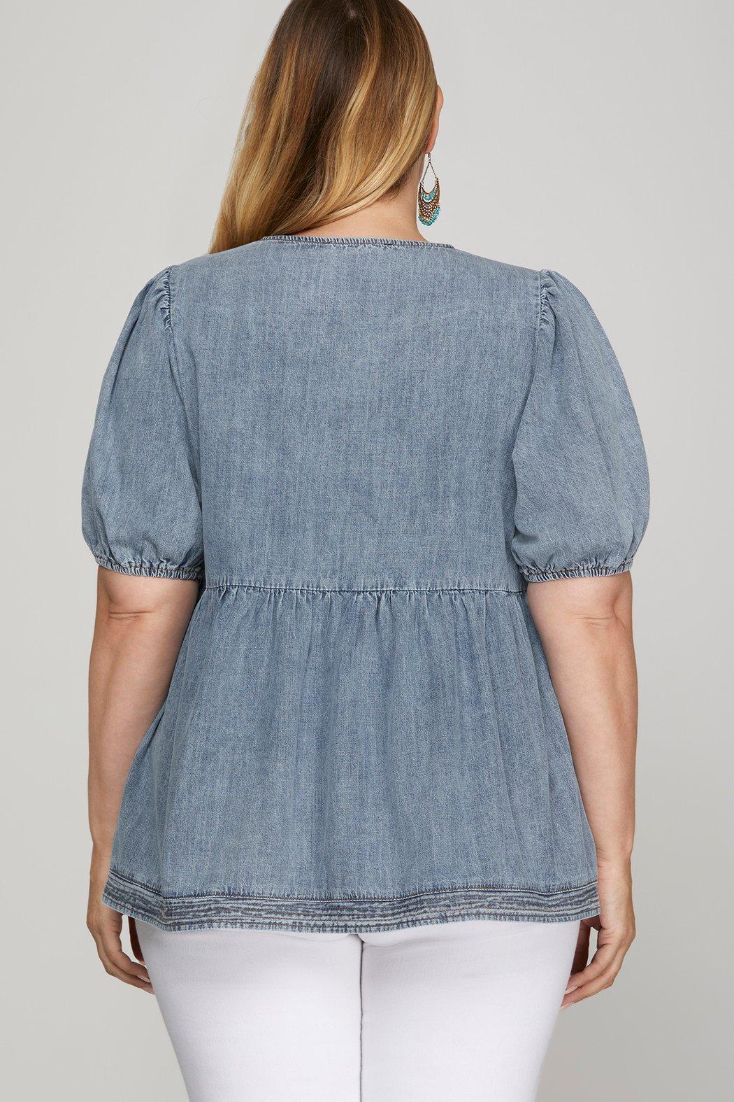 Plus Size Puff Sleeve Denim Blow with Bow Detail Product Image