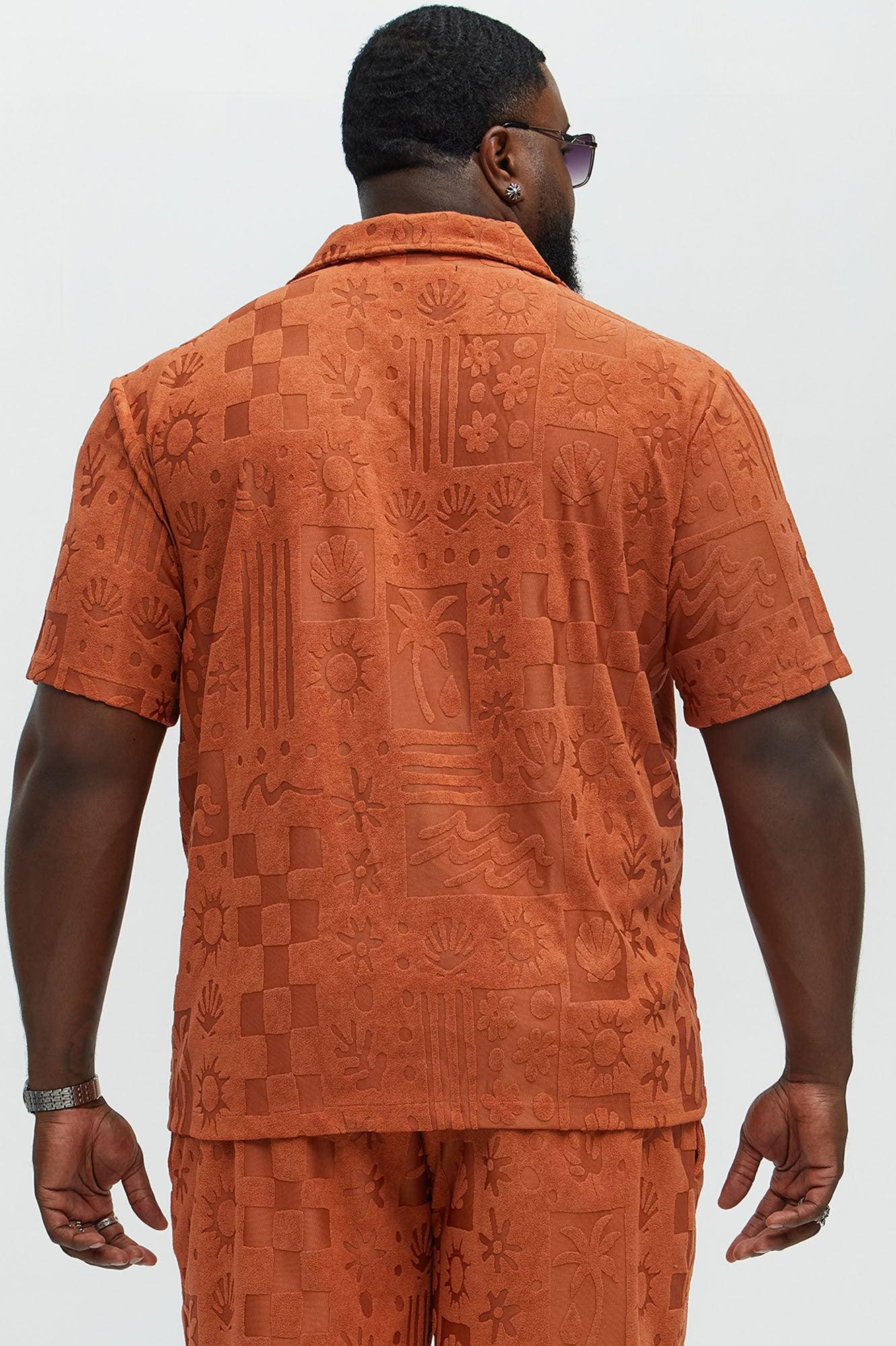 Tropical Trees Jacquard Short Sleeve Button Up Shirt - Rust Product Image