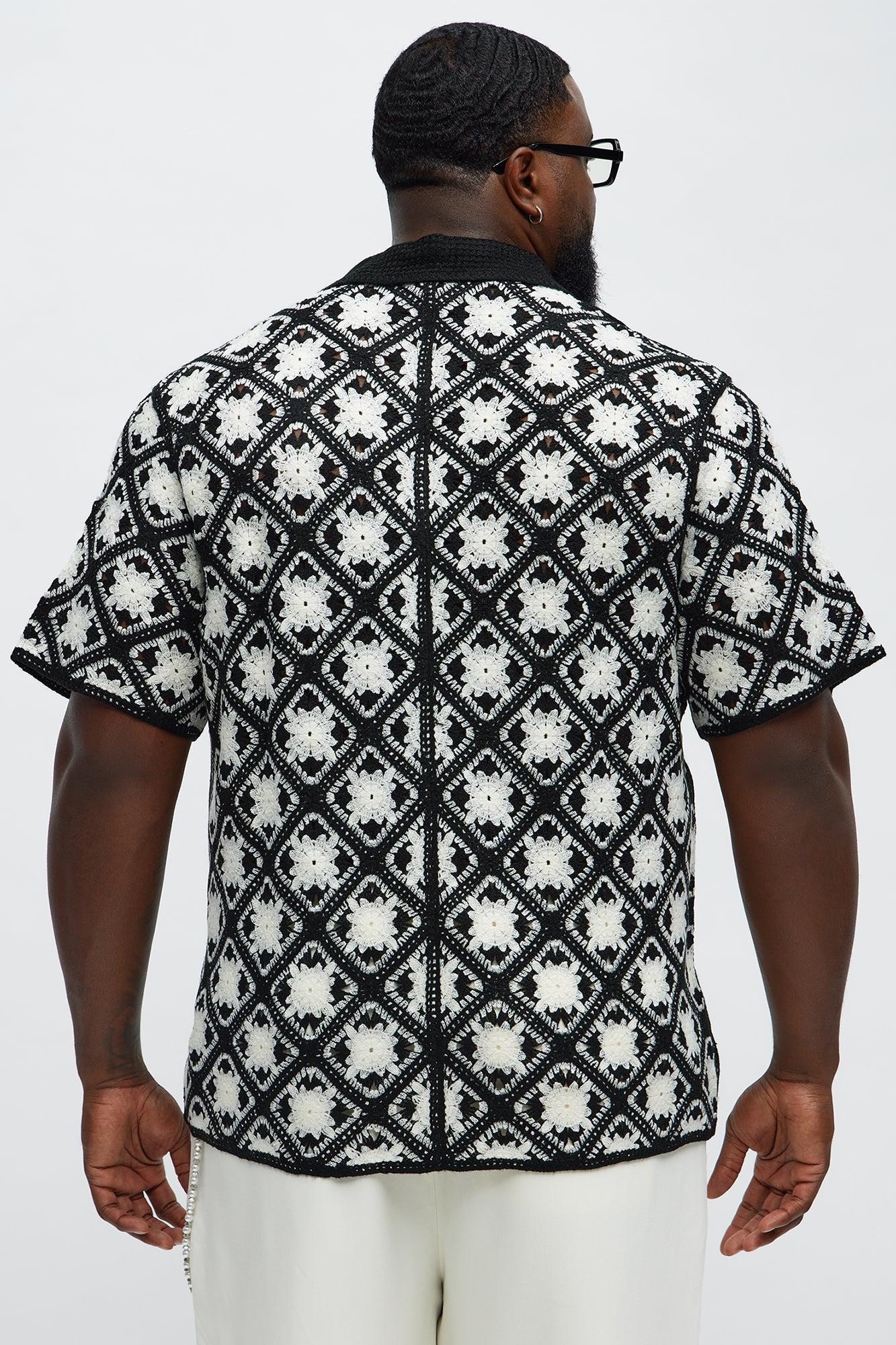 Crochet Starry Diamonds Closed Collar Shirt - Black/White Male Product Image