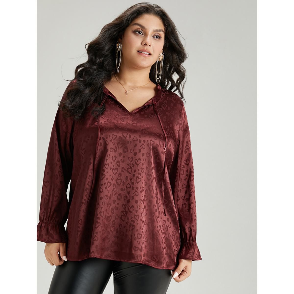 Plus Size Scarlet Solid Knot Neck Frill Trim Flutter Sleeve Blouse Women Glamour Long Sleeve Tie Neck Festival-Christmas Blouses BloomChic 14-16/1X Product Image