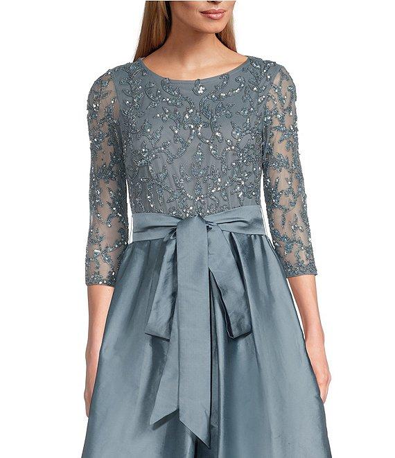 Pisarro Nights Beaded Bodice Boat Neck 3/4 Sleeve Taffeta Gown Product Image