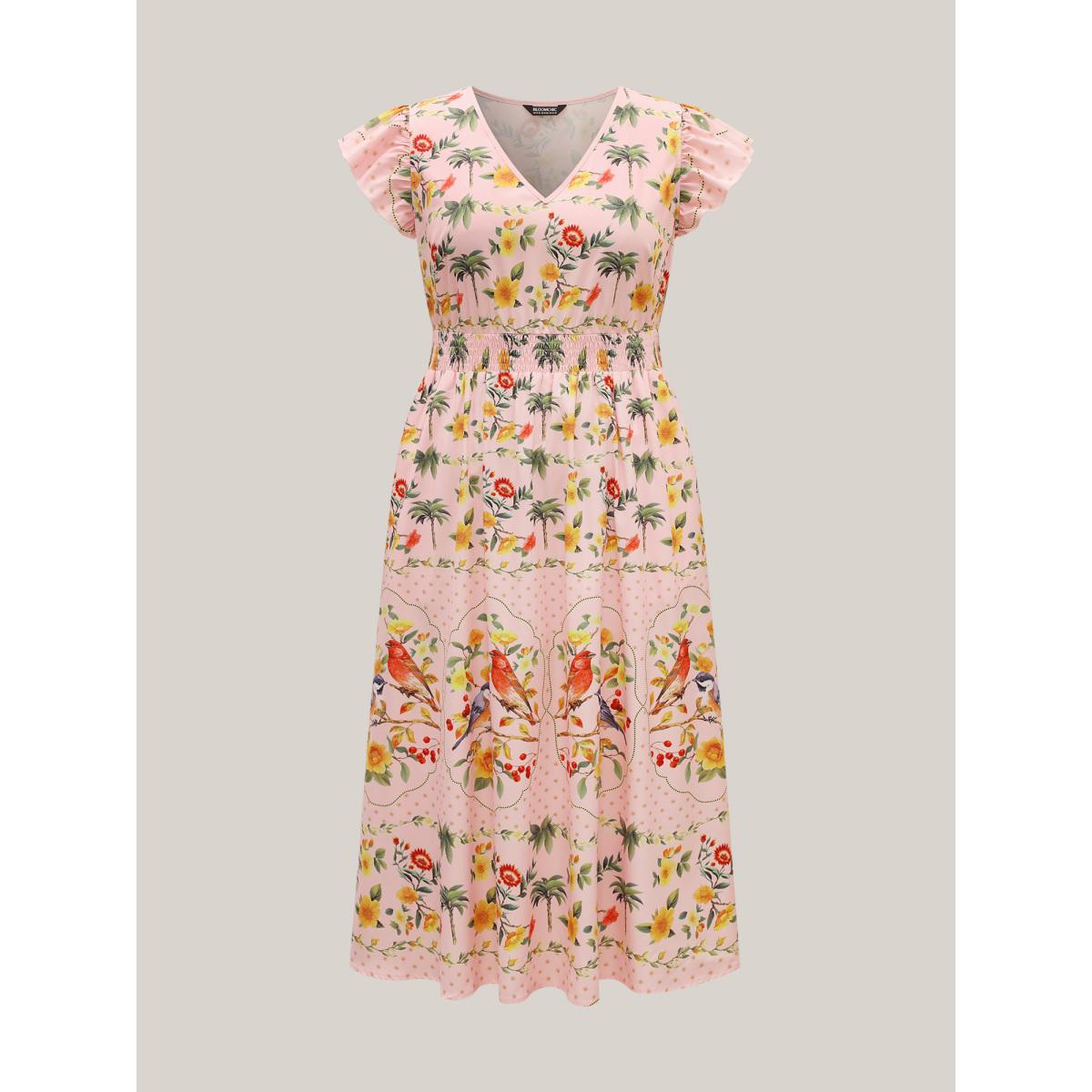 Plus Size Tropical Print Shirred Waist Flutter Maxi Dress Crepe Women V-neck Short sleeve Curvy BloomChic 10/M Product Image