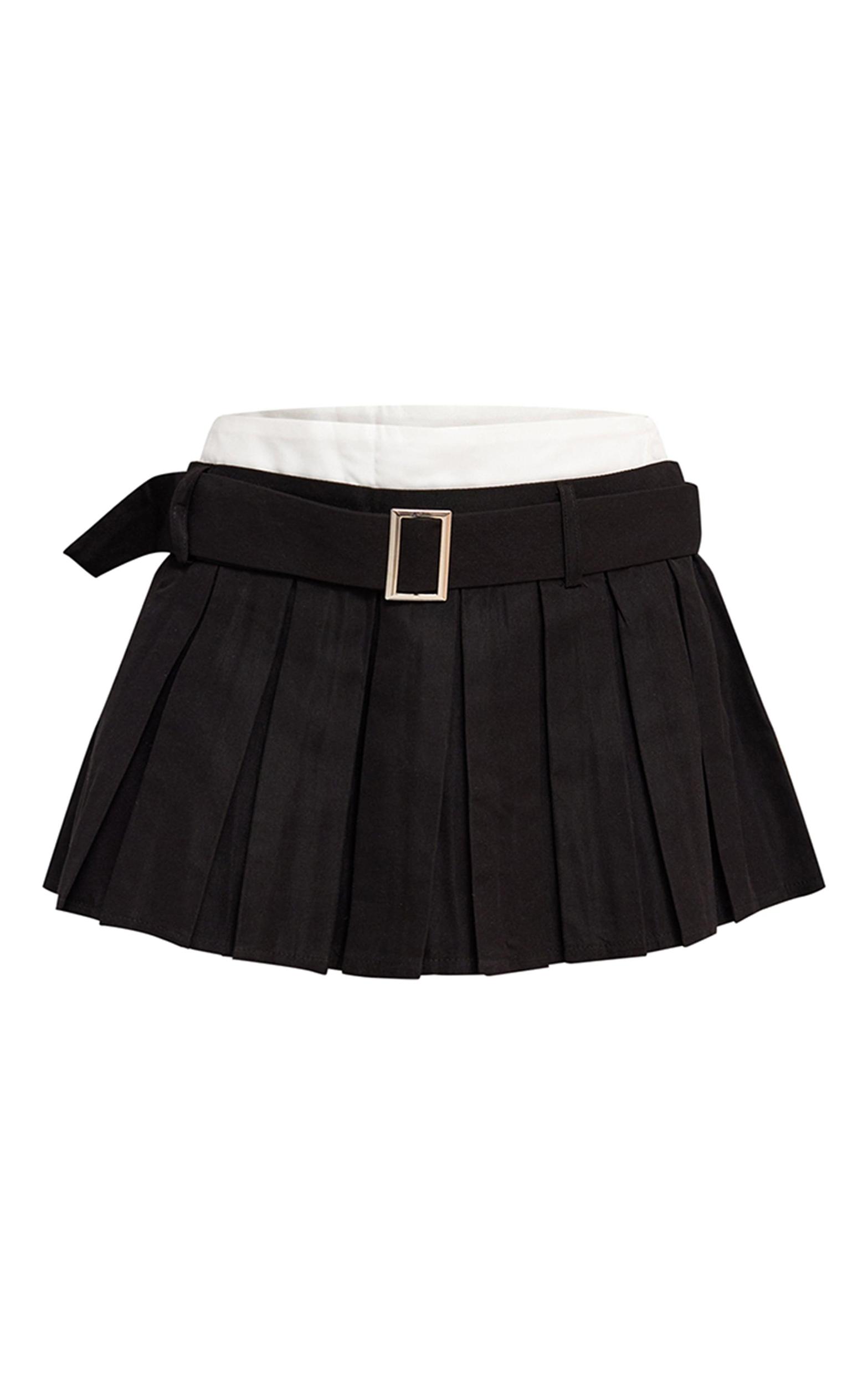 Black Double Waistband Belted Skater Skirt Product Image