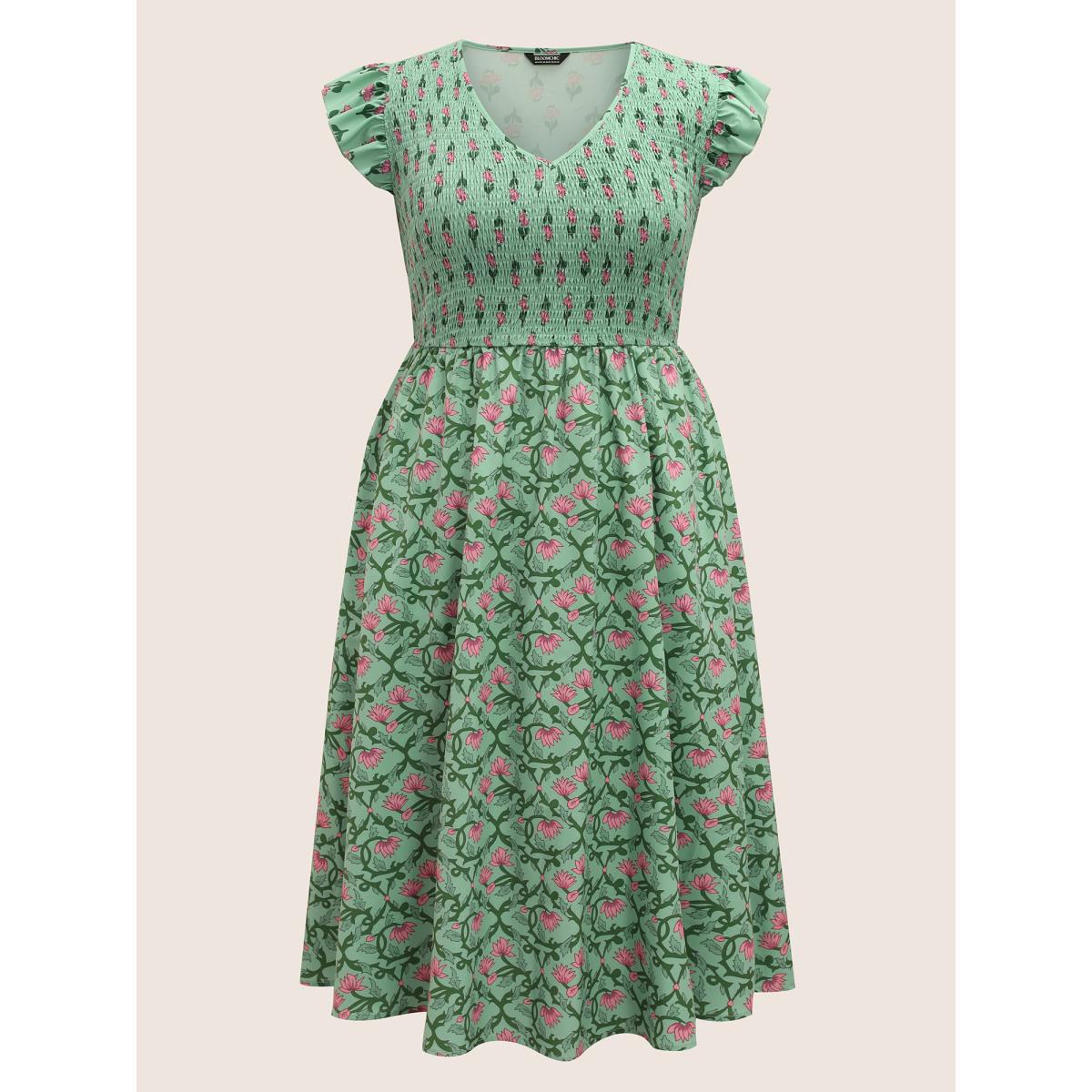 Plus Size Boho Print Shirred Ruffle Cap sleeve Dress Palemauve Women Resort Shirred V-neck Cap Sleeve Curvy BloomChic 22-24/3X Product Image