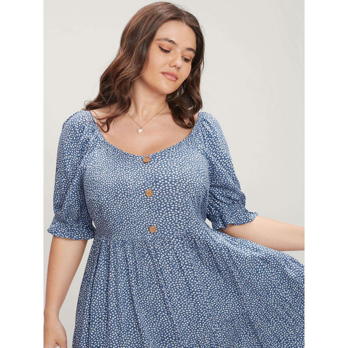 Plus Size Geometric Button Detail Lantern Sleeve Ruffle Tiered Dress LightBlue Women Elegant Patchwork V-neck Half Sleeve Curvy Midi Dress BloomChic 28/5X Product Image