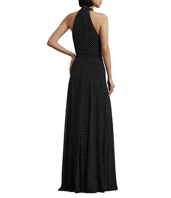 Lauren Ralph Lauren Georgette Dotted Print Halter Neck Sleeveless Belted A-Line Gown Product Image