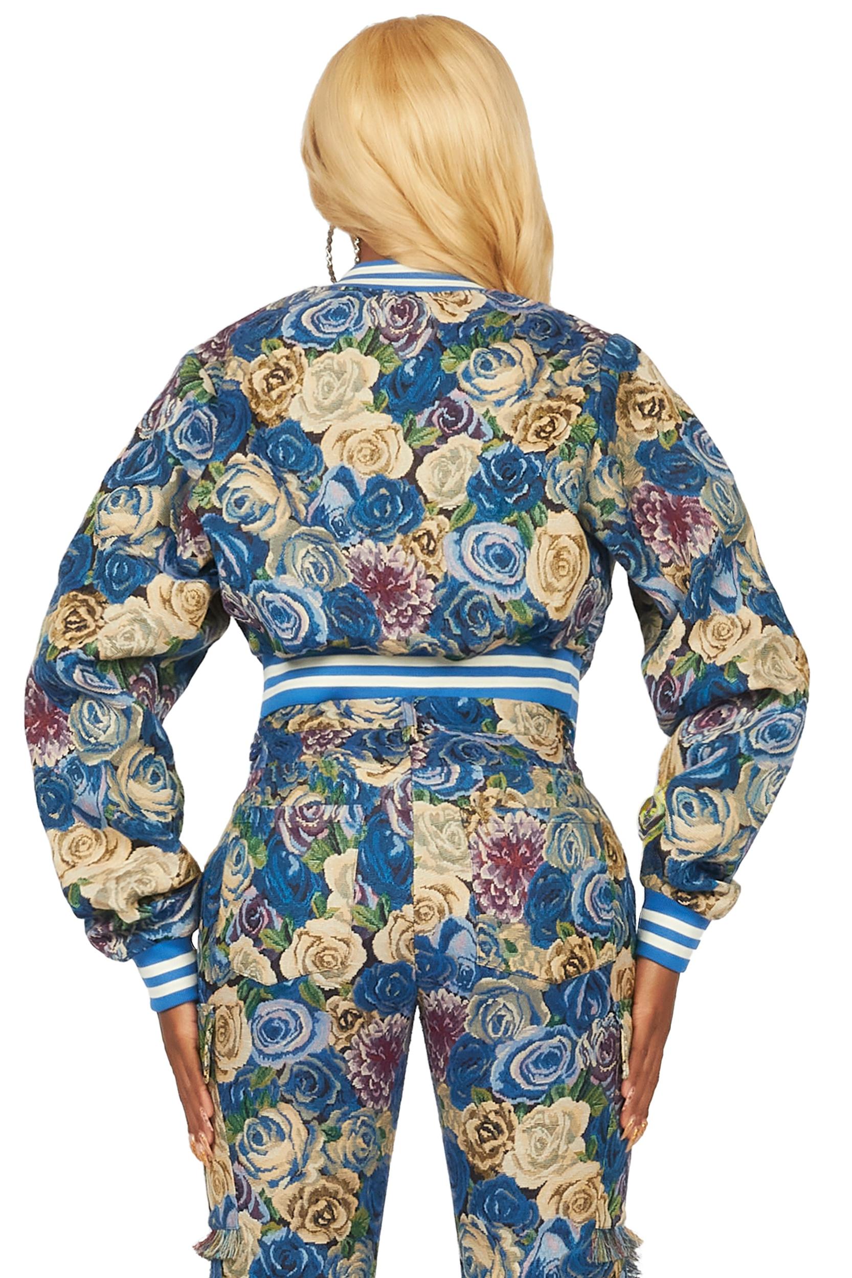 Darresha Blue Crop Tapestry Varsity Jacket Female Product Image