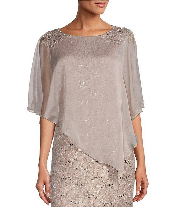 Ignite Evenings Petite Size 3/4 Sleeve Round Neck Sequin Lace Overlay Sheath Gown Product Image