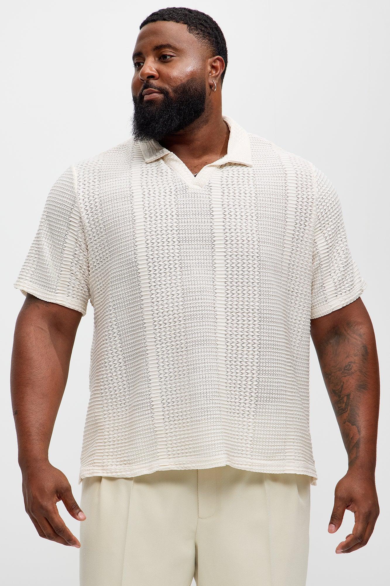 Clay Wavy Open Knit Johnny Collar Shirt - Off White Product Image