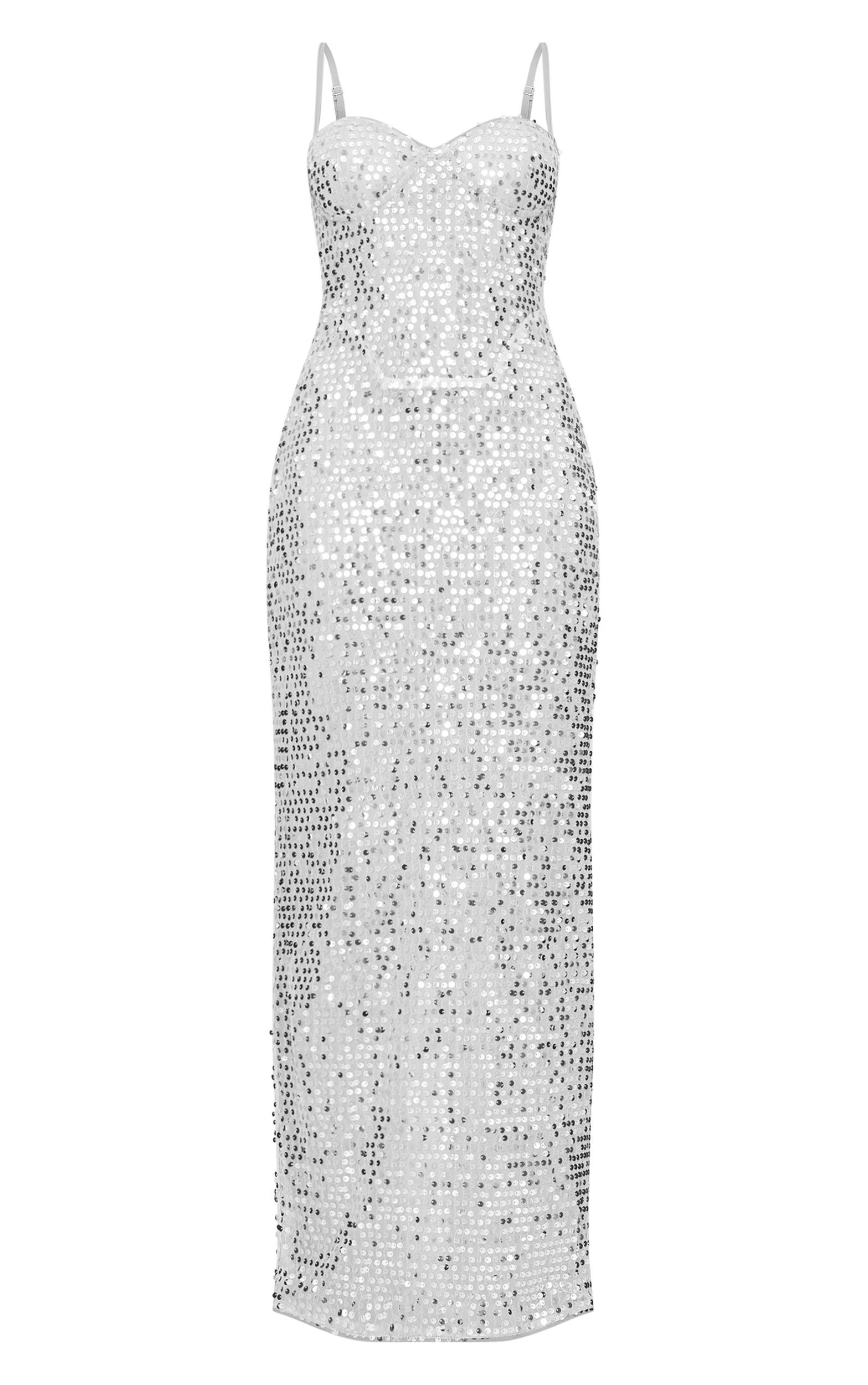Silver Sequin Strappy Corset Detail Maxi Dress Product Image