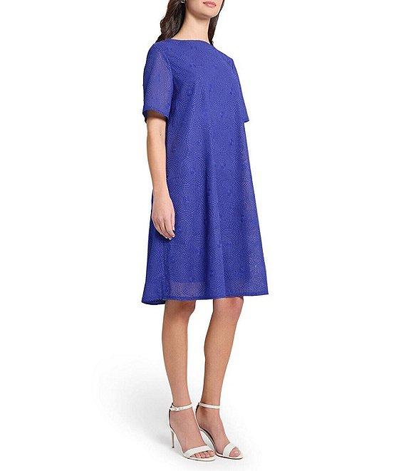 Ming Wang Woven Embroidered Crew Neck Short Sleeve A-Line Dress Product Image