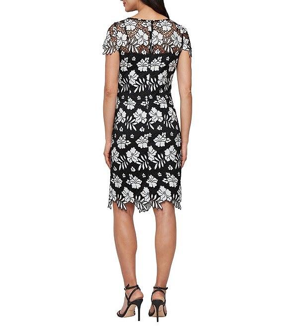 Alex Evenings Floral Embroidered Lace Illusion Boat Neck Short Sleeve Sheath Dress Product Image