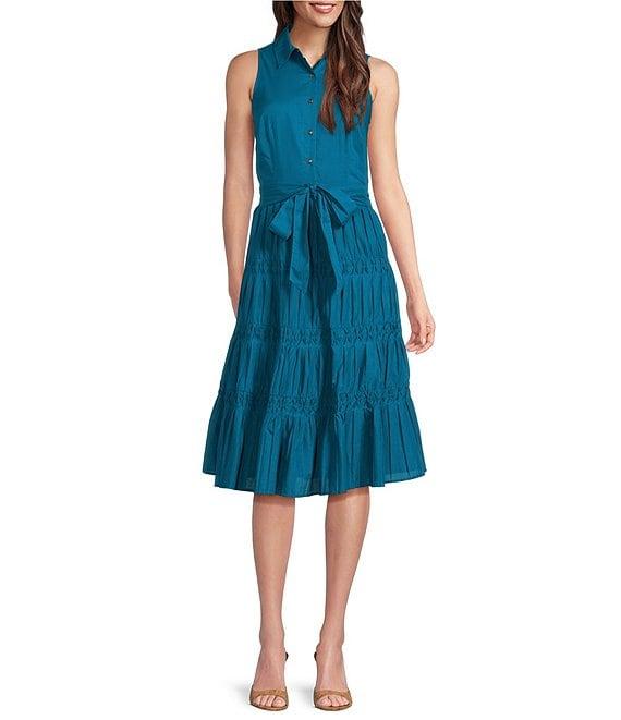 Anne Klein Sleeveless Cotton Poplin Tiered Midi Button Front Shirt Dress Product Image