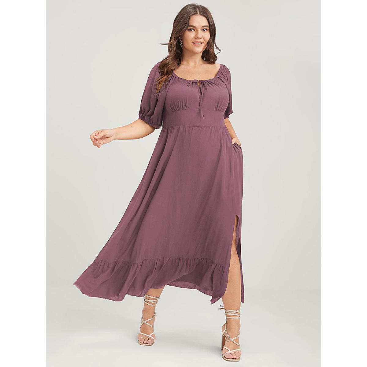 Plus Size Solid Pocket Lantern Sleeve Ruffles Ties Square Neck Maxi Dress DustyPink Women Elegant Plain Square Neck Half Sleeve Curvy Long Dress BloomChic 14-16/1X Product Image