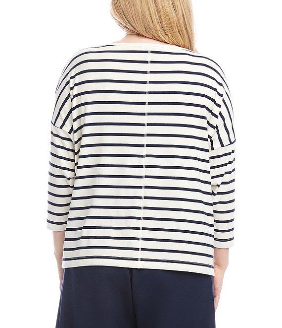 Karen Kane Plus Size Cotton-Blend Stripe Boat Neck 3/4 Sleeve Top Product Image