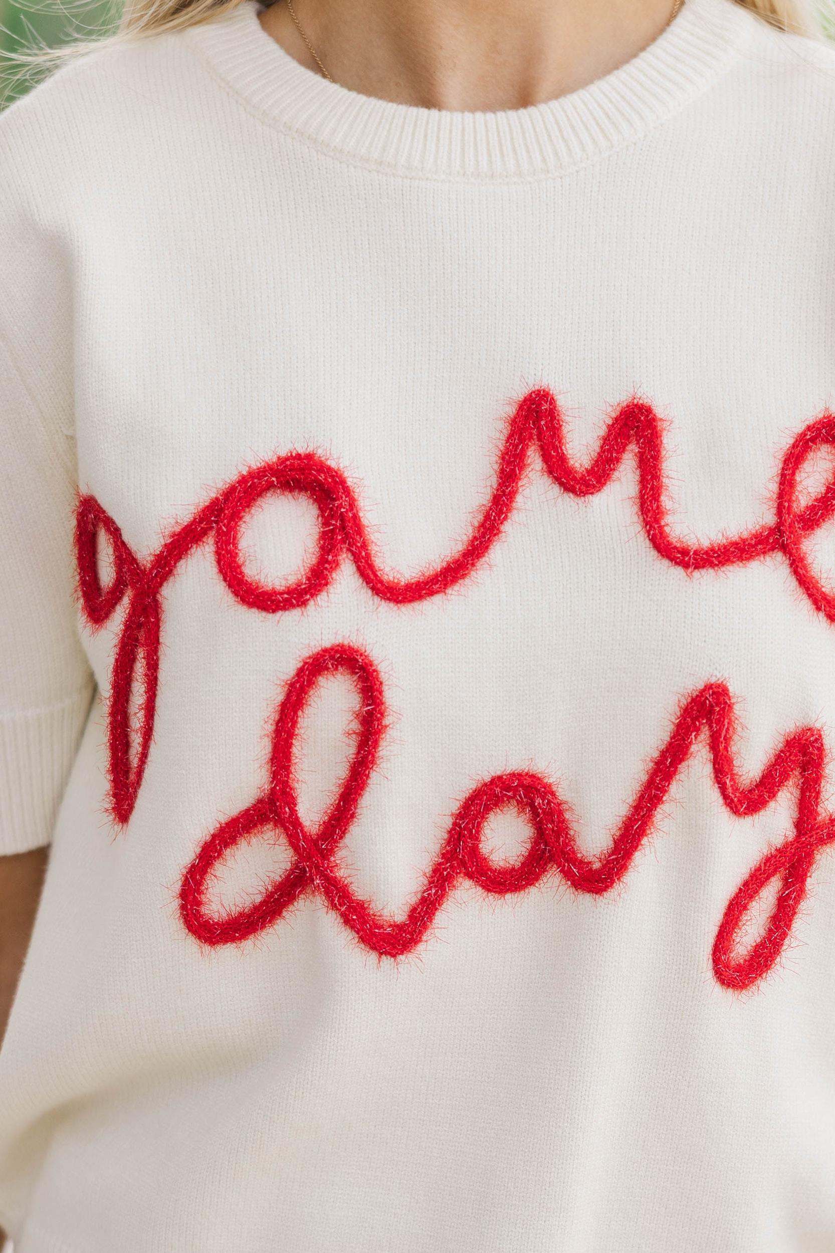 To The Stadium White and Red Game Day Puff Sleeve Sweater Female Product Image