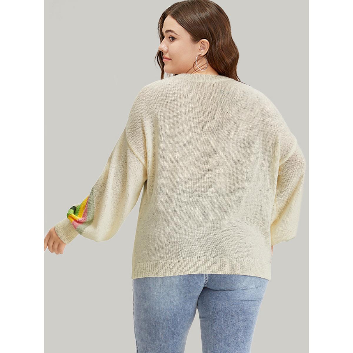 Plus Size Rainbow Lantern Sleeve Drop Shoulder Elastic Cuffs Pullover Beige Women Casual Loose Long Sleeve Round Neck Dailywear Pullovers BloomChic 28/5X Product Image