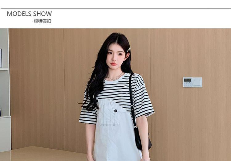 Maternity Elbow-Sleeve Crew Neck Mock Two-Piece Striped Panel Mini Shift Dress Product Image