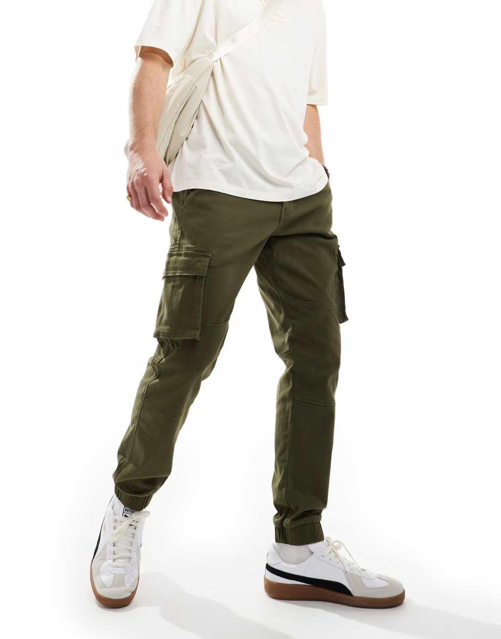 ONLY & SONS tapered fit cargo pants with cuffed bottom in khaki     Product Image