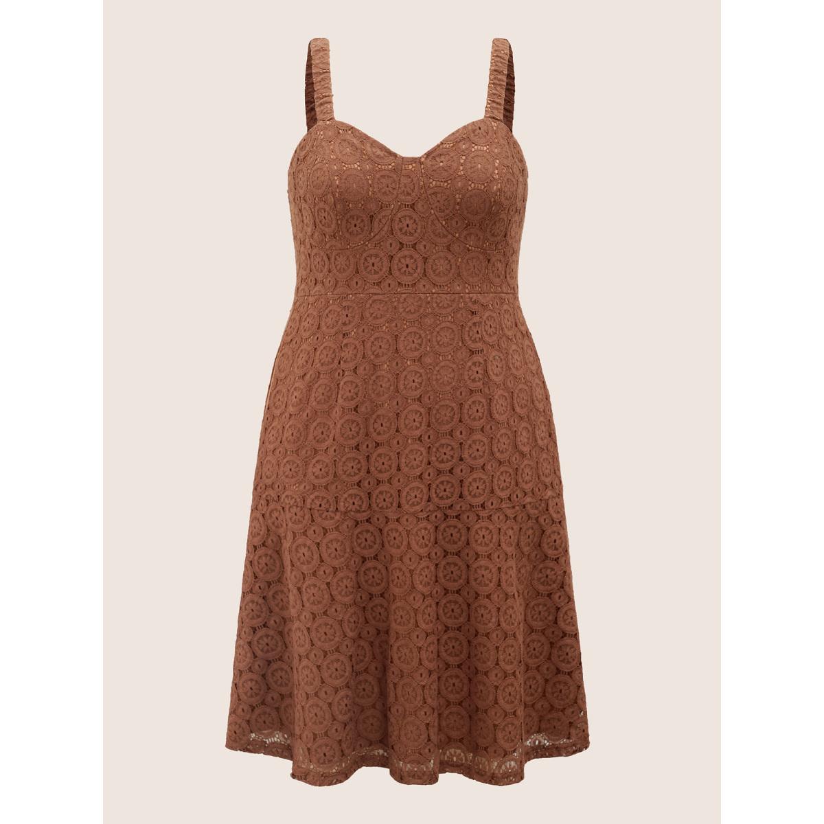 Plus Size Solid Lace Geometric Hollow Out Cami Dress Burgundy Women Cocktail Non V-neck Sleeveless Curvy Midi Dress BloomChic 28/5X Product Image