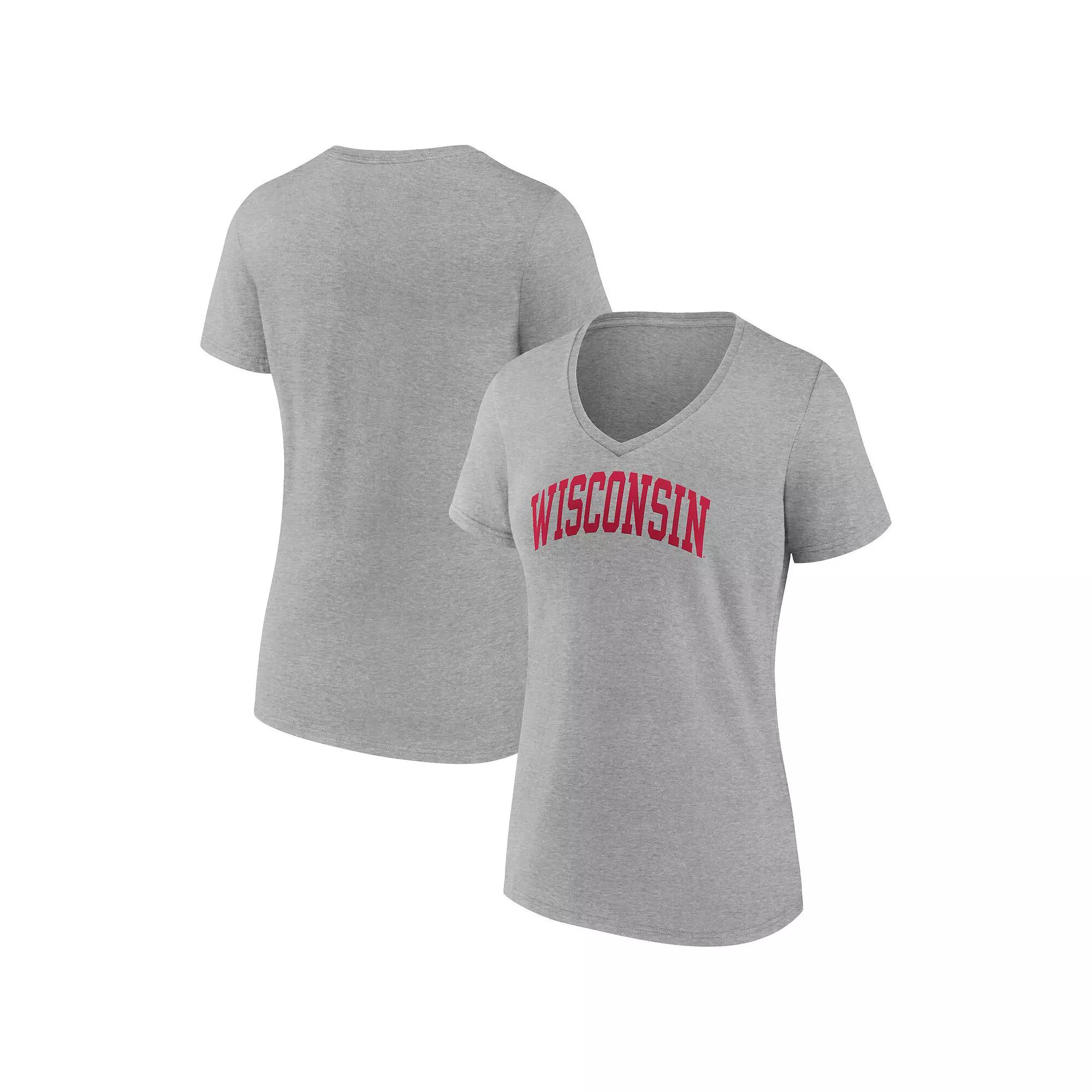Women's Fanatics Branded Heather Gray Wisconsin Badgers Basic Arch V-Neck T-Shirt, Size: Medium, Grey Product Image