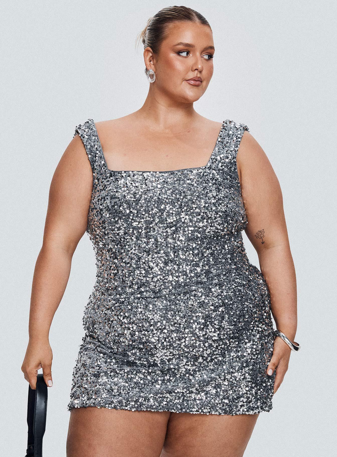 Miss Me Sequin Mini Dress Silver Curve Product Image