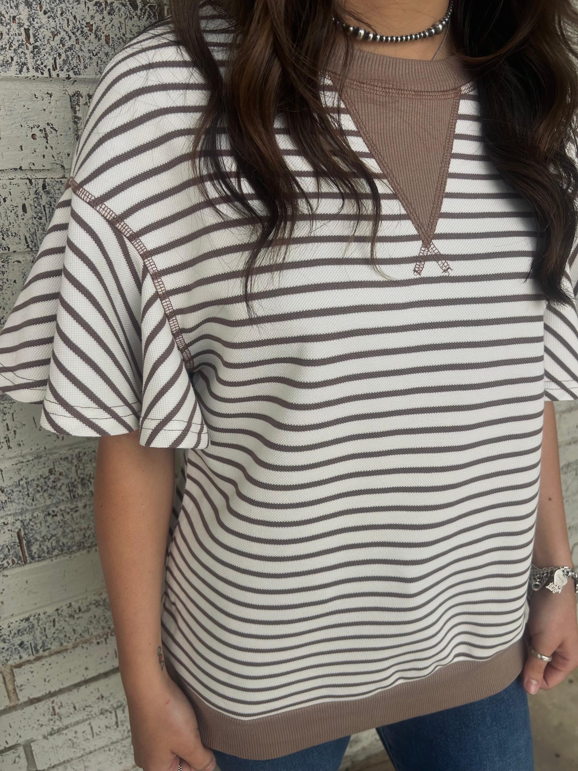 Parchment Contrast Striped Ruffle Short Sleeve Top Product Image