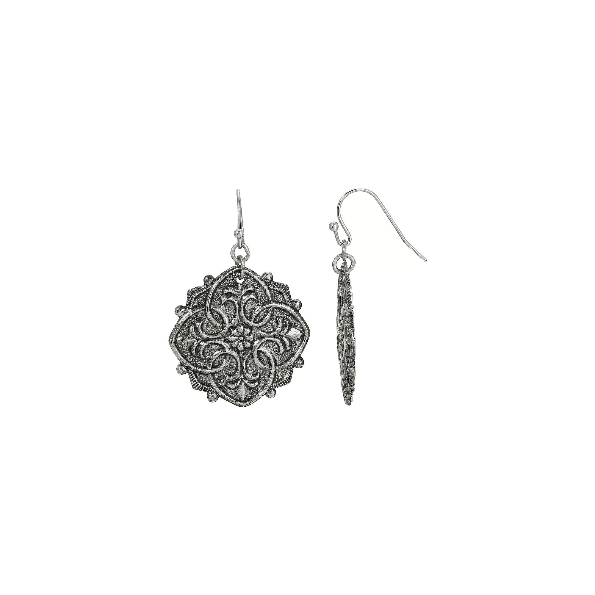 1928 Silver Tone Embossed Flower Medallion Drop Earrings, Womens, Gray Product Image